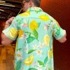 Men's Floral Bird Print Button-Down Shirt, Short Sleeve, White with Blue Pattern, Regular Fit