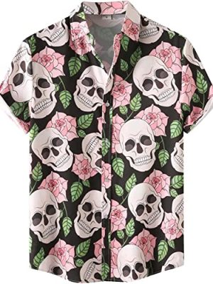 Halloween Shirt Men Fun Pumpkins Skull Short Sleeve Button Down Hawaiian Holiday Shirts