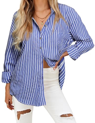 51GSW-sUmVL.jpg Women's Striped Button Down Shirts Casual Long Sleeve Boyfriend Loose Collared Blouses Tops