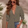 Waffle Knit Button Down Shirts for Women Striped Long Sleeve Dressy Casual Tops Oversized Blouses Fall Outfits
