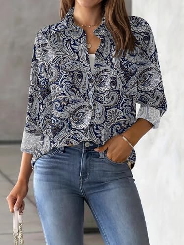 51IU1-jSGfL.jpg Womens Button Down Shirt Long Sleeve Blouse Business Work Tops Dressy Casual Floral Printed Outfits with Pocket