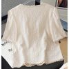51KvUvV51qL.jpg Women's Floral Embroidered Button Down Blouse Frill Trim Short Puff Sleeve V Neck Vacation Shirts