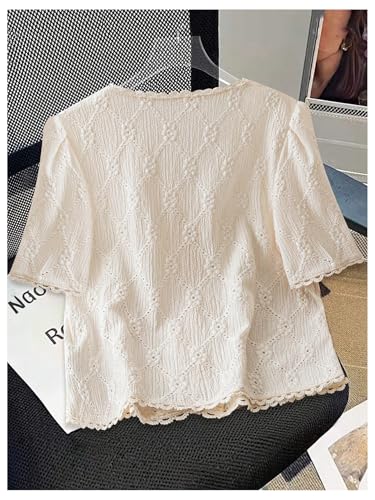 51KvUvV51qL.jpg Women's Floral Embroidered Button Down Blouse Frill Trim Short Puff Sleeve V Neck Vacation Shirts