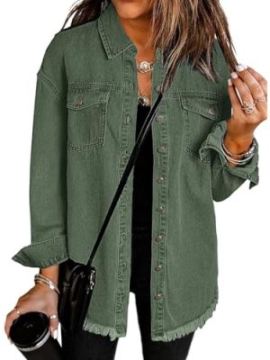 Women’s Oversized Button Up Frayed Hem Shacket Long Sleeve Pockets Denim Jean Jacket