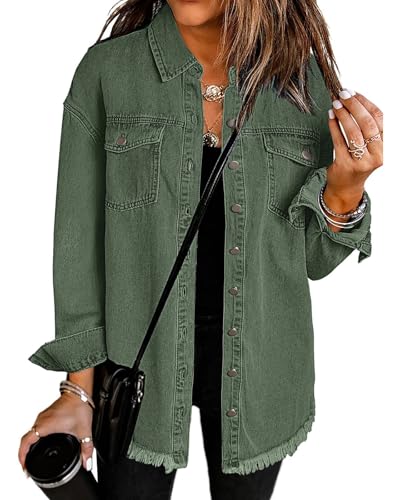 51LHSzdZuL.jpg Women’s Oversized Button Up Frayed Hem Shacket Long Sleeve Pockets Denim Jean Jacket