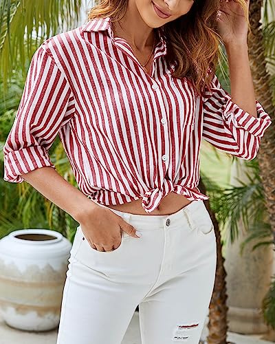 51LPTCfUXML.jpg Women's Blouses Striped Long Sleeve Shirts Button Down Loose Fit Casual Tops