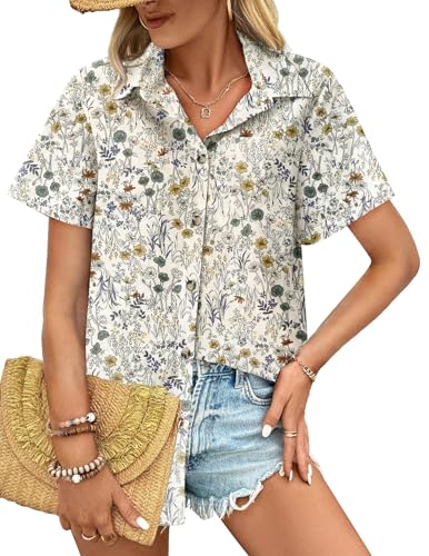 51LxoHVtpfL.jpg Cotton Linen Button Down Shirt for Women V Neck Collared Blouse Casual Short Sleeve Tops with Pocket