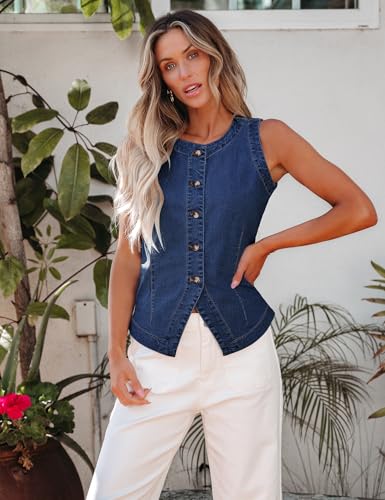 51NFNsRocaL.jpg Denim Vest for Women Sleeveless Strechy Jean Vest Top Button Down Crewneck Casual Summer Western Waistcoat