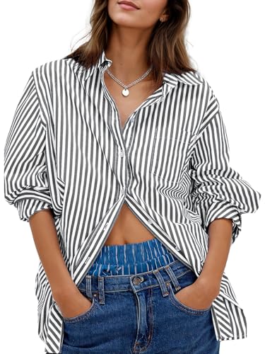 51NXndbD11L.jpg Womens Button Down Shirts Stripe Long Sleeve Blouse Casual Work Office Shirt Oversize Tops