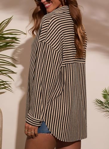 51Obiqf5yxL.jpg Womens Waffle Knit Button Down Shirt Stripe Long Sleeve Casual Blouses Tops