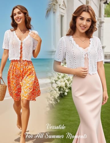 Women Crochet Shrug Sweater Tie Front Knit Bolero Shrug for Dress Short Sleeve Cropped Cardigan