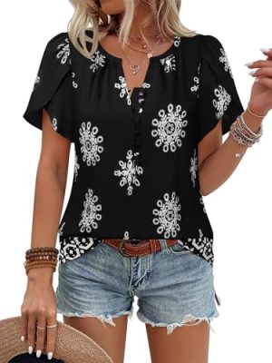 Womens Summer Tops Boho Short Sleeve Business Casual Blouses Button Down Floral Shirts Fashion Beach Vacation Clothes