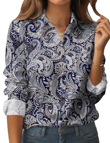 51RRVUZ-gzL.jpg Womens Button Down Shirt Long Sleeve Blouse Business Work Tops Dressy Casual Floral Printed Outfits with Pocket
