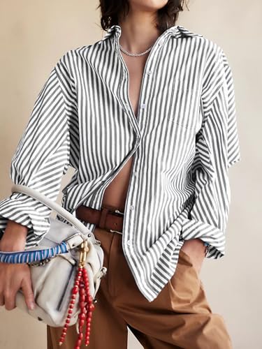 51SPjXccALL.jpg Womens Button Down Shirts Stripe Long Sleeve Blouse Casual Work Office Shirt Oversize Tops