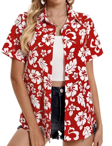 Hawaiian Shirts for Women Tropical Shirt Summer Beach Button Down Short Sleeve Blouses Floral Top Aloha Luau Outfits 2025
