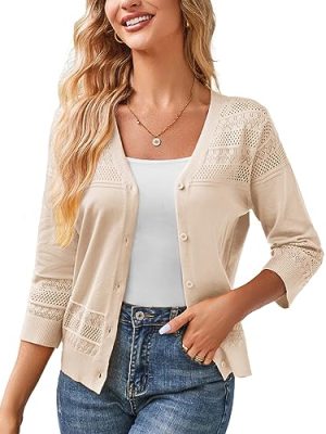 Women's 2025 Cropped Cardigan 3/4 Sleeve Lightweight Crochet Shrug Hollowed-Out Knit Sweater Tops
