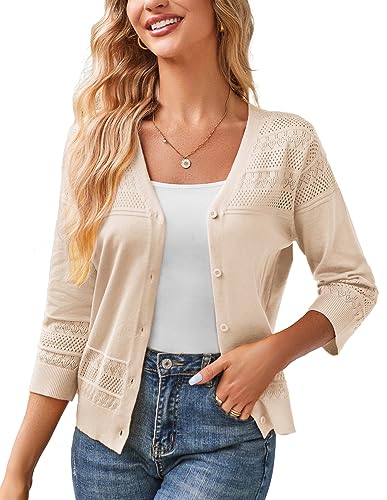 51TV-9NkCrL.jpg Women's 2025 Cropped Cardigan 3/4 Sleeve Lightweight Crochet Shrug Hollowed-Out Knit Sweater Tops