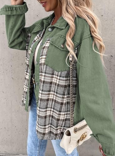 Womens Oversized Denim Jacket Casual Long Sleeve Button Down Plaid Shacket Boyfriend Jean Jacket With Pockets