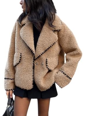 Women's Winter Casual Embroidered Sherpa Jacket Notch Lapel Fuzzy Faux Fur Fleece Jacket Coat