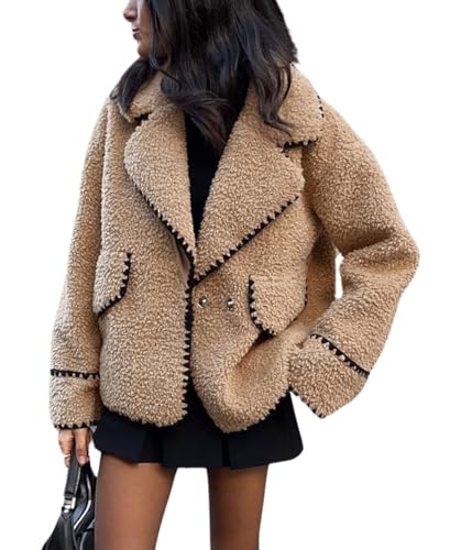 Women's Winter Casual Embroidered Sherpa Jacket Notch Lapel Fuzzy Faux Fur Fleece Jacket Coat