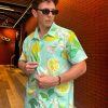 Men's Floral Bird Print Button-Down Shirt, Short Sleeve, White with Blue Pattern, Regular Fit