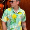 Men's Floral Bird Print Button-Down Shirt, Short Sleeve, White with Blue Pattern, Regular Fit