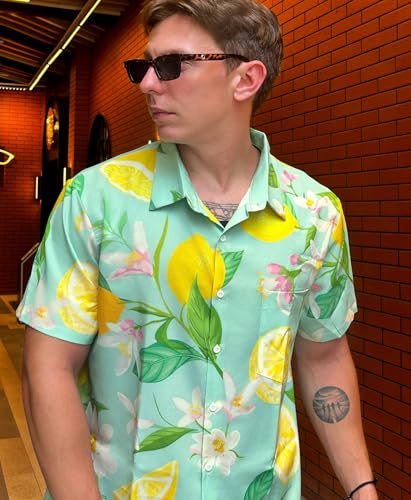 Men's Floral Bird Print Button-Down Shirt, Short Sleeve, White with Blue Pattern, Regular Fit