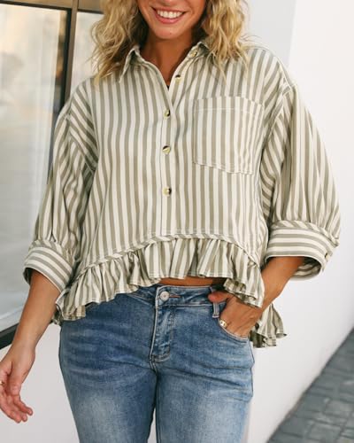 51VyYQtDGYL.jpg Womens Summer Tops Dressy Casual Blouse Top Ruffled Short Sleeve Button Down Striped Shirt
