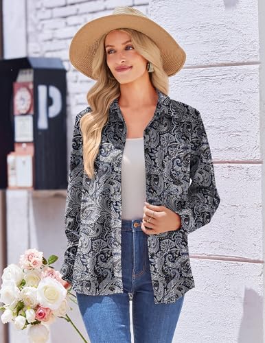 51W3DU7dSQL.jpg Womens Button Down Shirt Long Sleeve Blouse Business Work Tops Dressy Casual Floral Printed Outfits with Pocket