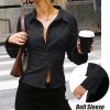 51WdRkP07bL.jpg Women Striped Fitted Button Down Shirts Bell Long Sleeve Shirt Office Work Blouse Tops