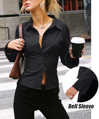 51WdRkP07bL.jpg Women Striped Fitted Button Down Shirts Bell Long Sleeve Shirt Office Work Blouse Tops