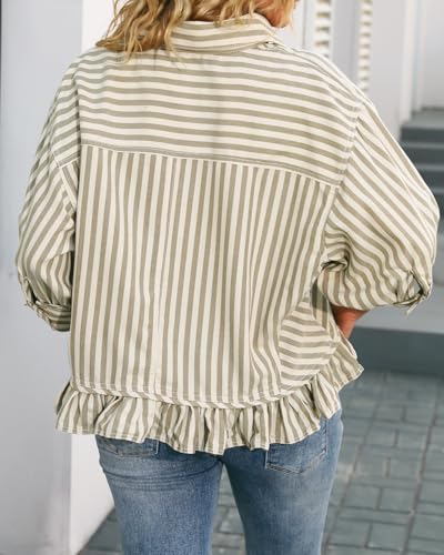 51X-UH7pOlL.jpg Womens Summer Tops Dressy Casual Blouse Top Ruffled Short Sleeve Button Down Striped Shirt