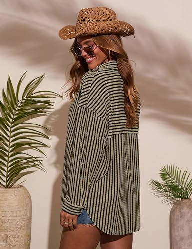 Waffle Knit Button Down Shirts for Women Striped Long Sleeve Dressy Casual Tops Oversized Blouses Fall Outfits