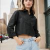 Womens Button Down Cropped Shirts Long Sleeve V Neck Solid Tops Casual Collared Blouse with Chest Pocket XS-XXL