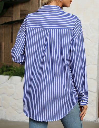 51XYvGcFqDL.jpg Women's Striped Button Down Shirts Casual Long Sleeve Boyfriend Loose Collared Blouses Tops