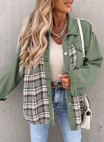 Womens Oversized Denim Jacket Casual Long Sleeve Button Down Plaid Shacket Boyfriend Jean Jacket With Pockets