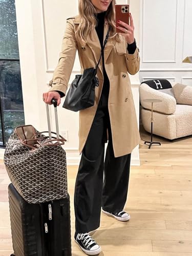 Womens Long Trench Coat Double Breasted Classic Lapel Fall Overcoat with Belt
