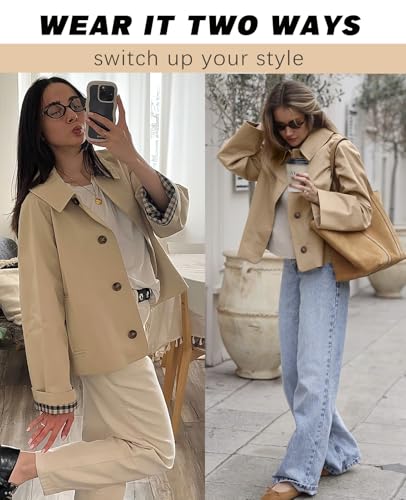 51ZcV2A2xNL.jpg Women Crop Trench Coat Single Breasted Check Lining Lightweight Cropped Jackets Fashion Outerwear