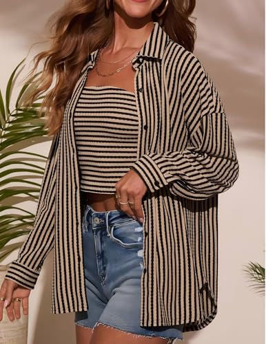 51ZtvbSU2yL.jpg Womens Waffle Knit Button Down Shirt Stripe Long Sleeve Casual Blouses Tops
