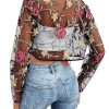 Women's Floral Embroidered Open Front Crop Jackets Long Sleeve Mesh Summer Cardigan Tops