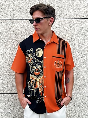 Halloween Trick or Treat Button Down Shirt, Funny Shirt,Short Sleeve Hawaiian Shirt, Graphic Print, Holiday Party Wear