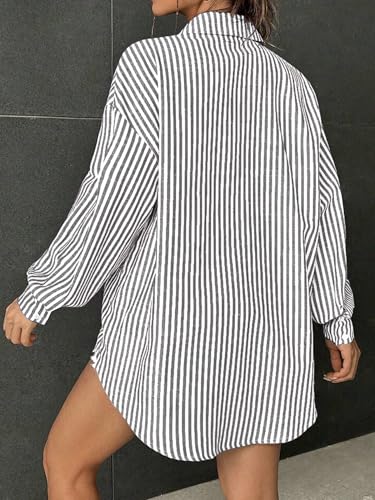 51c4moS-KFL.jpg Womens Button Down Shirts Stripe Long Sleeve Blouse Casual Work Office Shirt Oversize Tops