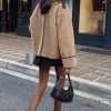 Women's Winter Casual Embroidered Sherpa Jacket Notch Lapel Fuzzy Faux Fur Fleece Jacket Coat