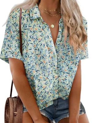 Womens Plus Size Linen Button Down Shirts Short Sleeve Cotton Casual Collared Shirt V Neck Summer Blouses Tops