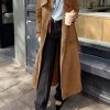 Womens Long Trench Coat Fall Faux Suede Jackets Double Breasted Lapel Pea Coat with Belt