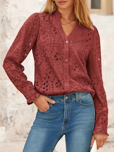51eeZ-SaRKL.jpg Women's Fall Fashion Long Sleeve Shirts Button Down Dressy Casual Blouses V Neck Eyelet Embroidery Hollow Out Tops