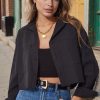 Womens Button Down Cropped Shirts Long Sleeve V Neck Solid Tops Casual Collared Blouse with Chest Pocket XS-XXL