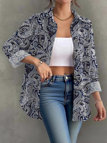 51fgXs17-IL.jpg Womens Button Down Shirt Long Sleeve Blouse Business Work Tops Dressy Casual Floral Printed Outfits with Pocket