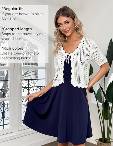 Women Crochet Shrug Sweater Tie Front Knit Bolero Shrug for Dress Short Sleeve Cropped Cardigan