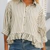 51gWLspqmRL.jpg Womens Summer Tops Dressy Casual Blouse Top Ruffled Short Sleeve Button Down Striped Shirt